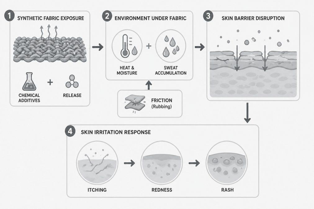 Flowchart showing how synthetic fabrics cause irritation: chemical additives plus trapped heat and moisture lead to skin barrier disruption, then itching, redness, and rash, with friction and sweat accumulation as contributing factors