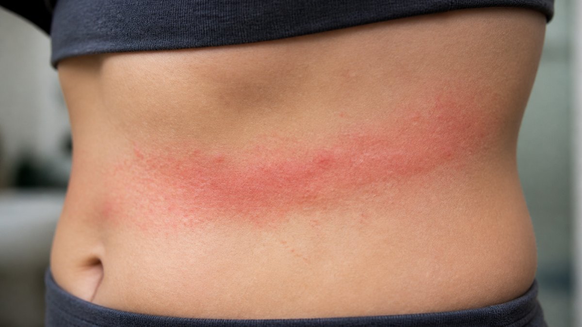 Close-up of rash showing redness and inflammation on torso area where synthetic clothing makes direct contact with skin, displaying typical textile dermatitis irritation pattern