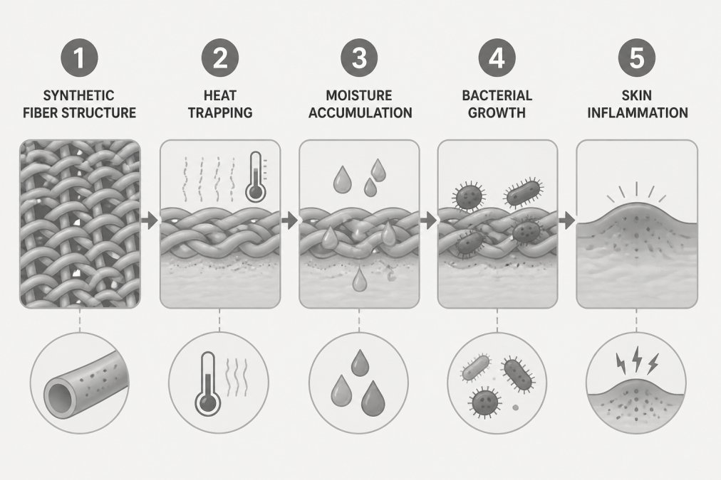 Flowchart showing how synthetic fabrics cause skin irritation: synthetic fiber structure → heat trapping → moisture accumulation → bacterial growth → skin inflammation