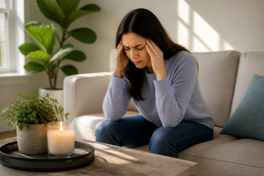 A woman sitting on a couch in a sunlit living room, pressing her fingers to her temples with a pained expression, while a scented candle burns on the coffee table nearby