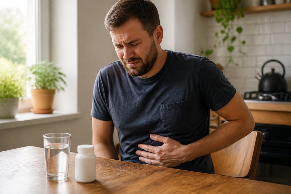 A person sitting at a kitchen table holding their stomach with an uncomfortable expression, a pill bottle and glass of water placed in front of them on a wooden table, warm natural light from a window