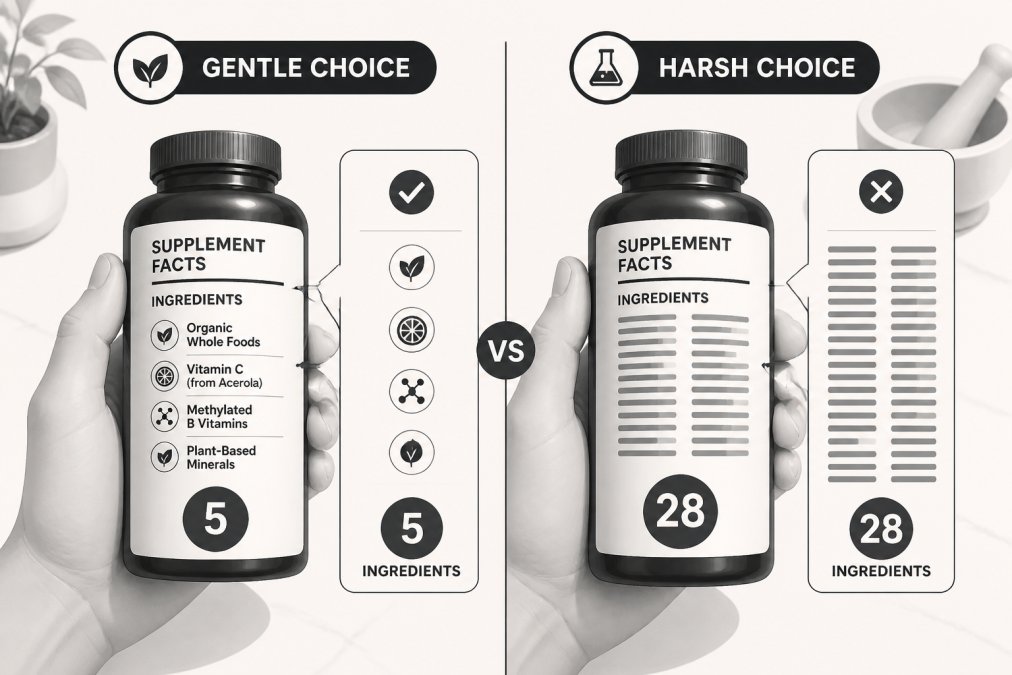 Close-up of two hands comparing supplement labels side by side, one bottle with a short clean ingredient list and the other with a long dense list, on a bright white countertop in natural daylight