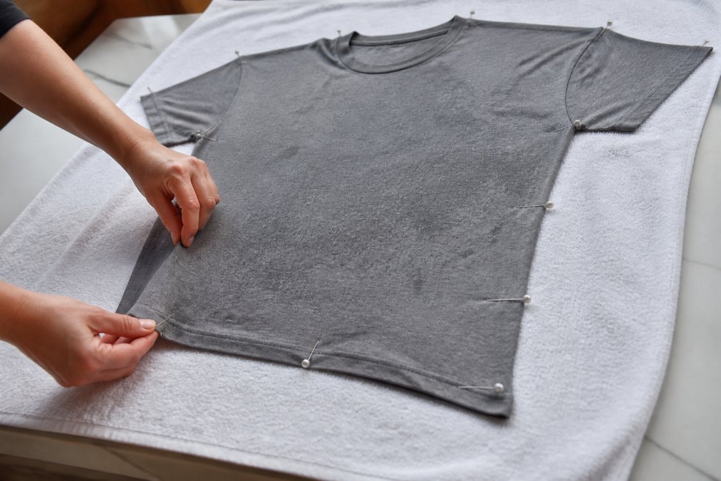 Hands gently stretching a damp cotton t-shirt on a flat surface, showing the blocking technique with pins holding the fabric in place to dry