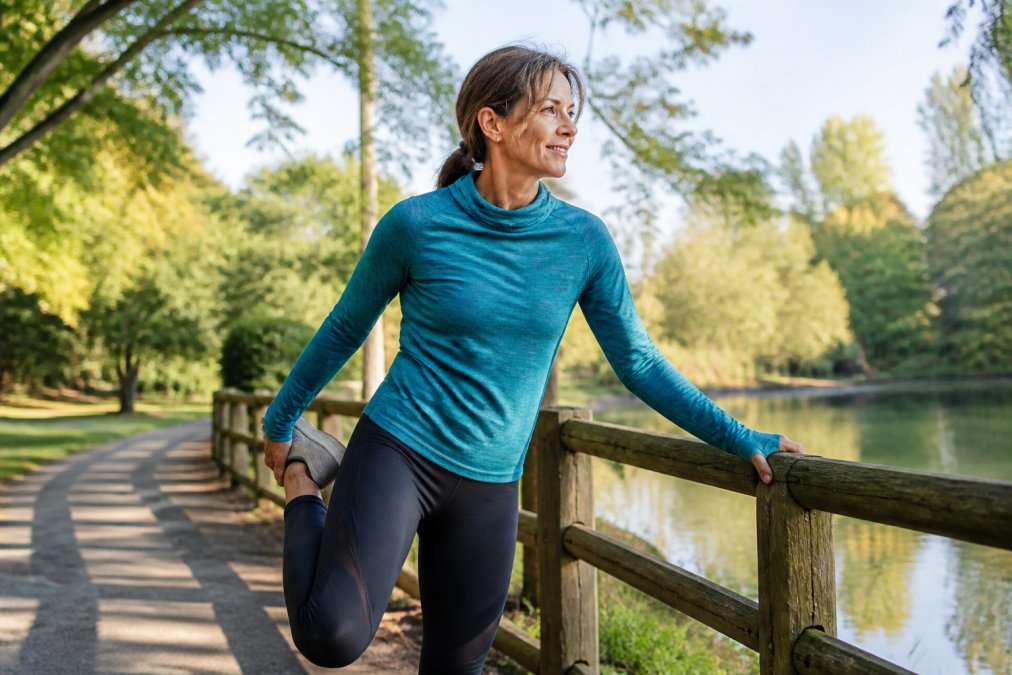Active adult in workout gear stretching comfortably outdoors, demonstrating joint mobility and flexibility with ease of movement, natural daylight