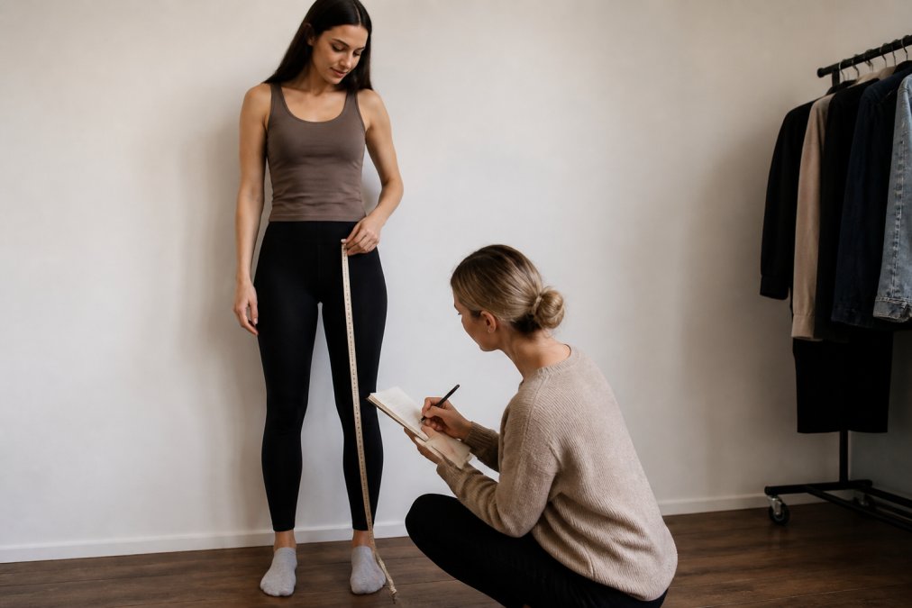 A woman measuring her inseam to find the perfect fit for tall clothes while a friend records the results.