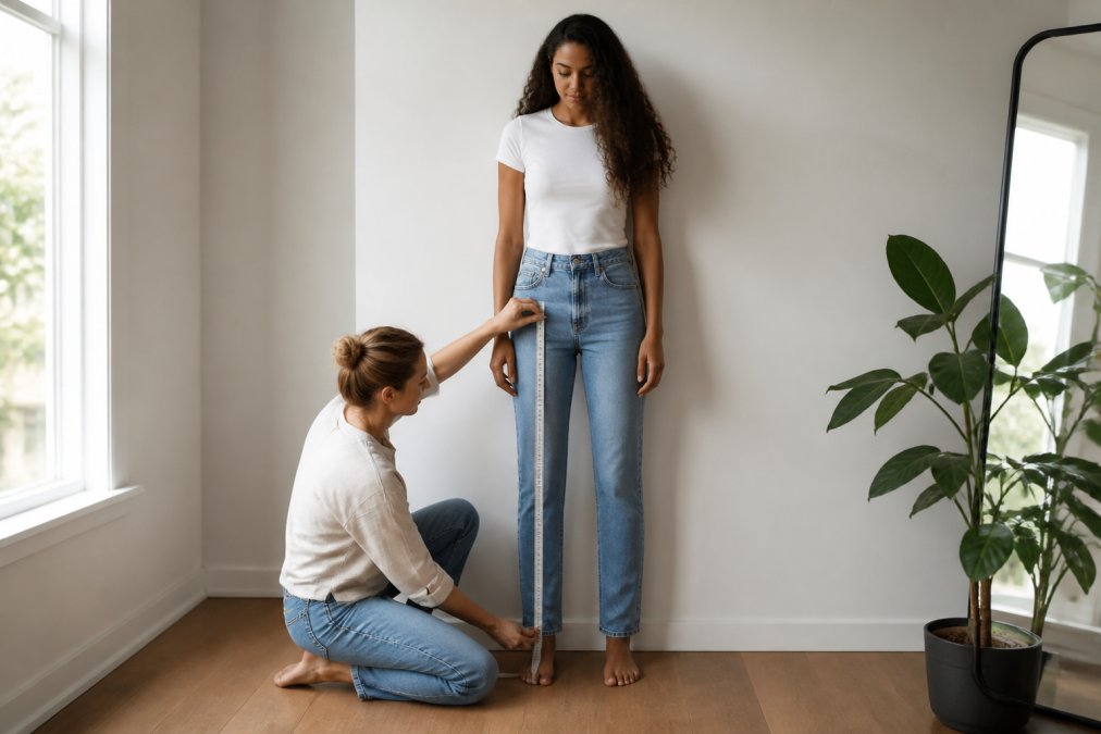 A tall woman standing straight against a plain wall while a friend kneels and uses a soft tape measure from her crotch seam down to her ankle, bright natural window light, neutral room