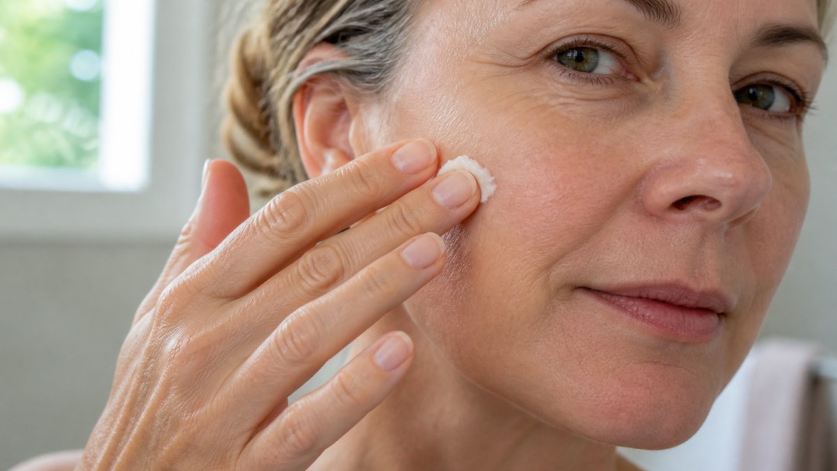 Close-up of fingertips holding a small pea-sized amount of whipped tallow moisturiser, showing the light, airy texture being gently pressed onto the cheek of a woman with mature skin in natural morning light