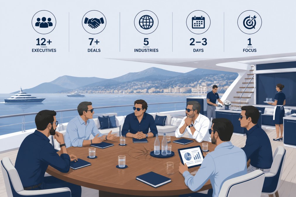 Tech executives in business casual attire seated around a teak table on a superyacht's upper deck during an afternoon meeting, Mediterranean coastline visible in the distance, with professional crew service in background