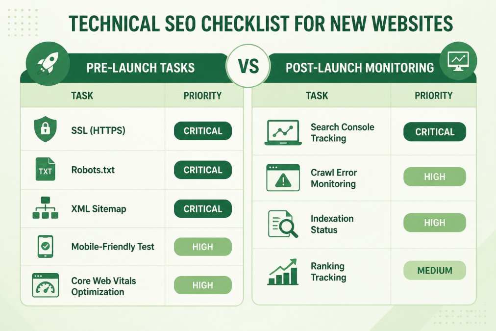 Checklist matrix showing pre-launch tasks (SSL, robots.txt, sitemap, mobile test, Core Web Vitals optimization) vs. post-launch monitoring (Search Console tracking, crawl error monitoring, indexation status, ranking tracking) with priority levels: Critical, High, Medium