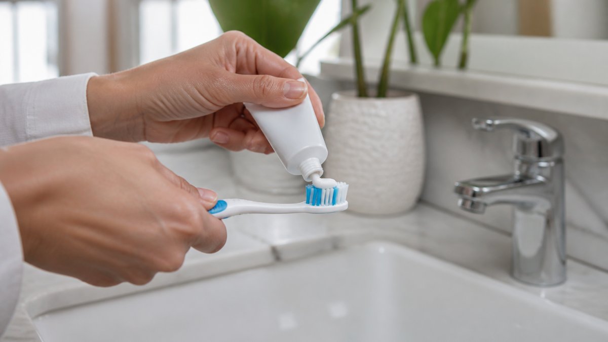 Close-up of a person's hands applying desensitizing toothpaste with a toothbrush in a bright, clean bathroom setting with natural lighting