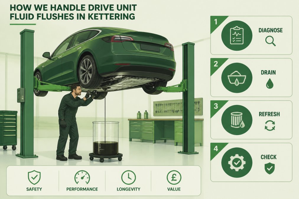 A clean, well-lit independent workshop in Kettering with a Tesla Model 3 raised on a ramp, a technician in dark overalls inspecting the underside of the drive unit, with drained oil visible in a clear container beside the vehicle