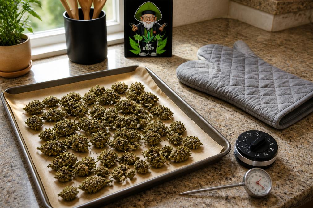 Raw THCA flower spread on a parchment-lined baking sheet in a kitchen, ready for the decarboxylation process.