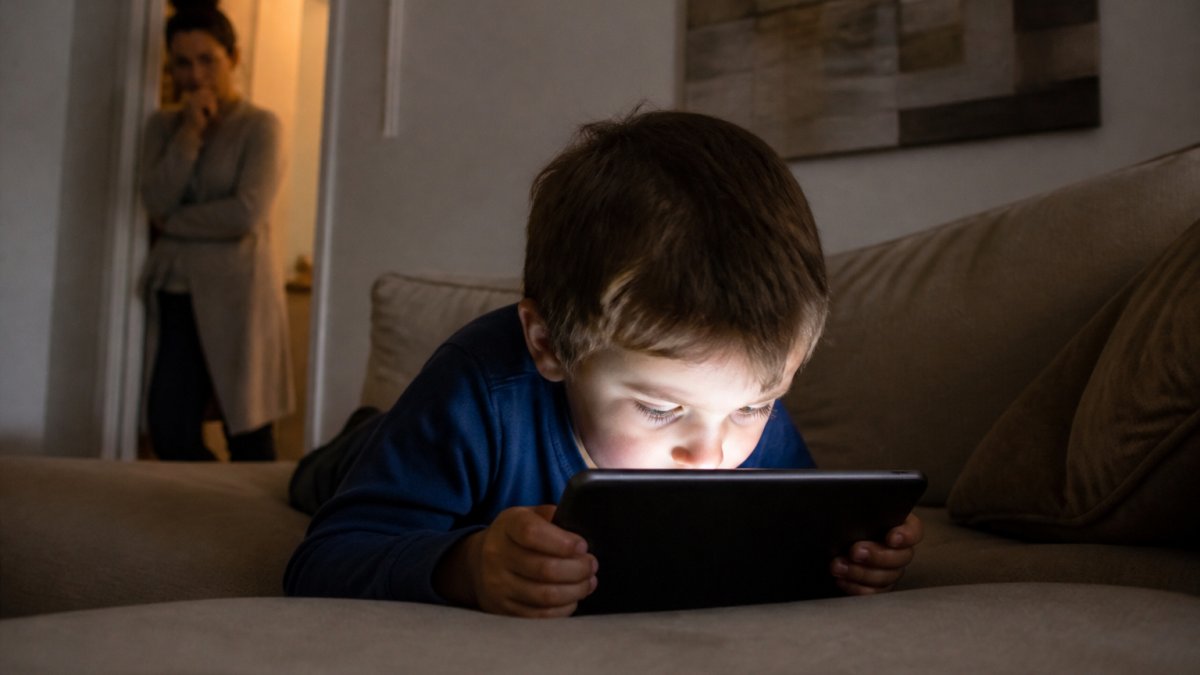 A young child sitting close to a tablet screen in a dimly lit living room, face illuminated by the glow, with a parent watching concerned from the doorway