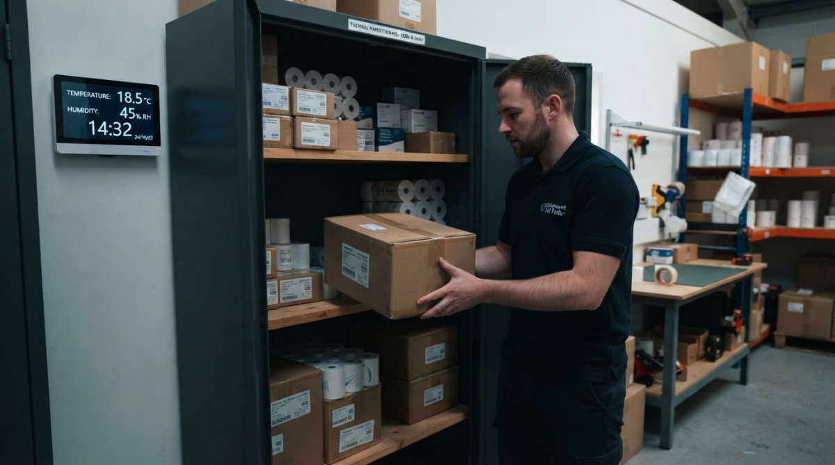 Professional storing rolls in a climate-controlled cabinet where thermal paper fades are prevented by proper conditions.