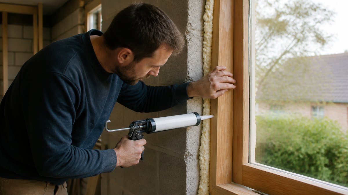 Professional joiner sealing the edges of a timber window frame with foam to ensure a weather-tight installation.