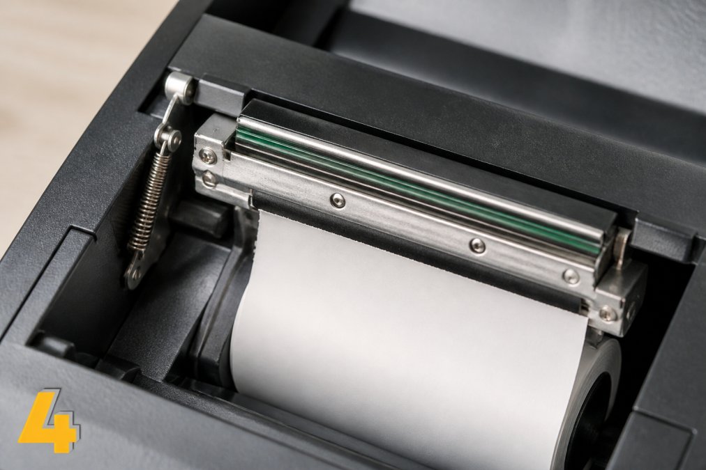 Close-up of a thermal print head pressing against a till roll inside an open receipt printer, showing the paper path and metal heating element under bright workshop lighting