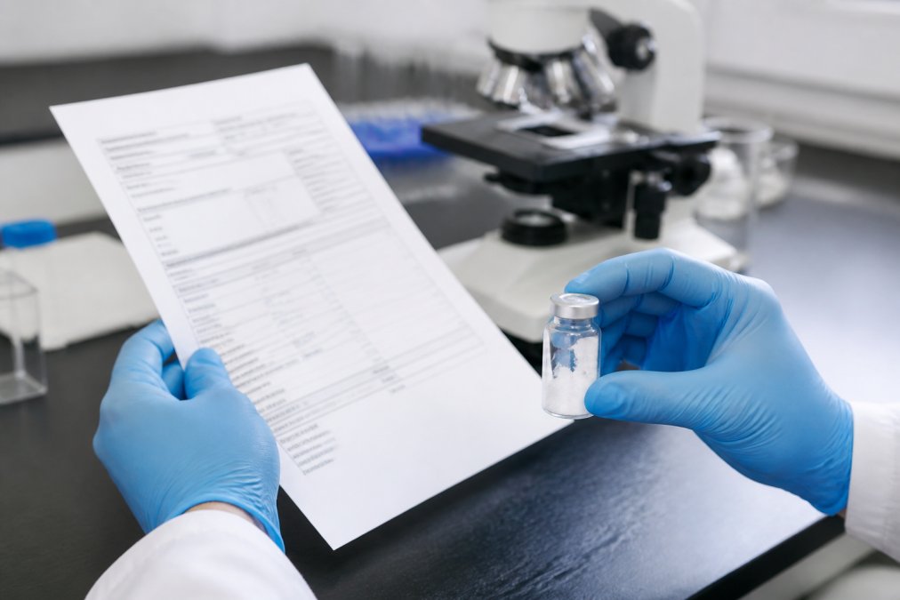 Close-up of a researcher's hands holding a printed Certificate of Analysis document next to a laboratory sample vial, with a microscope blurred in the background