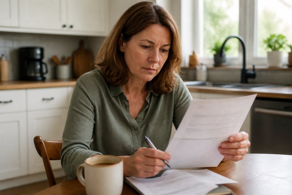 A woman in her 40s sitting at a kitchen table reviewing a printed lab report, holding a pen, with a cup of tea nearby and soft natural light coming through a window