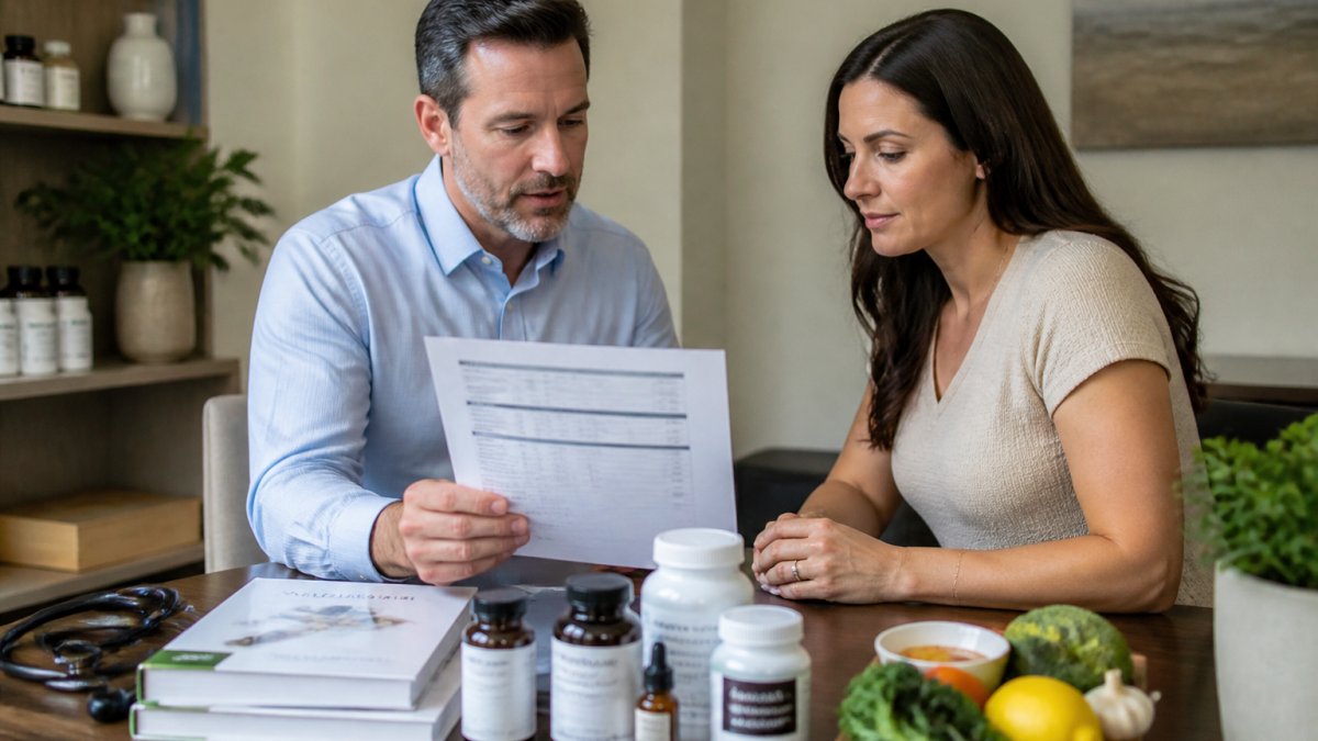 Professional healthcare provider and patient reviewing printed thyroid lab results together at a desk in a bright clinical office, with the test results clearly visible between them