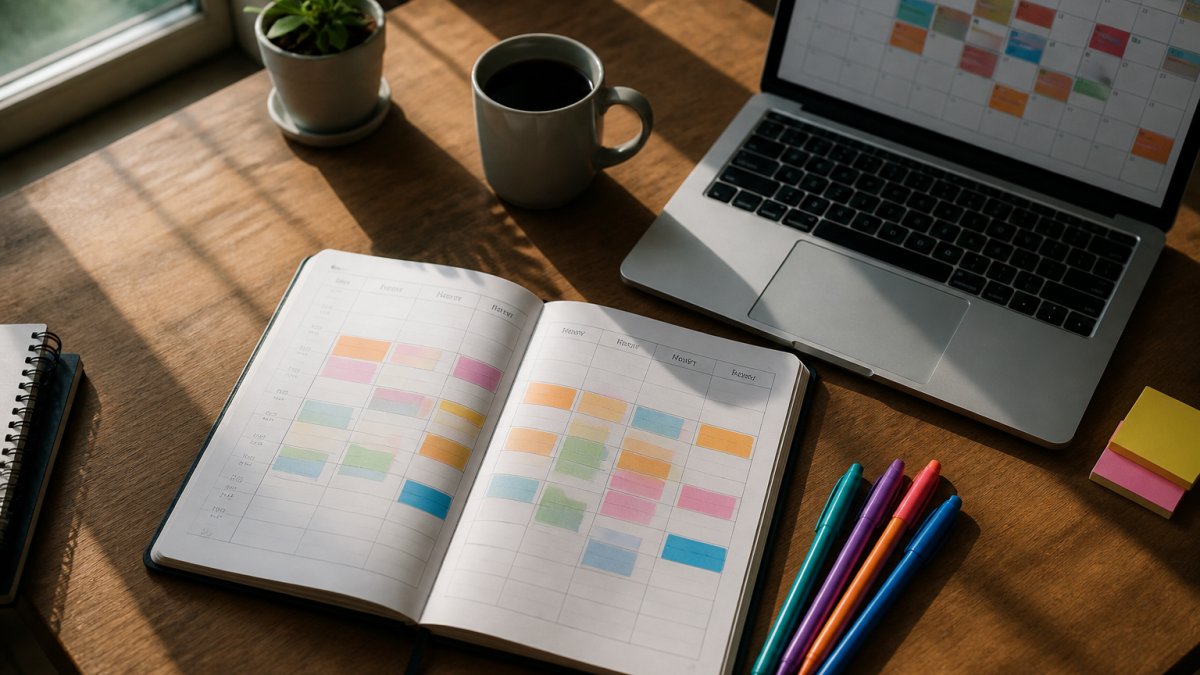 Overhead shot of a desk with a paper planner open to a weekly grid, colored pens, a coffee mug, and a laptop showing a calendar app, natural light from a window