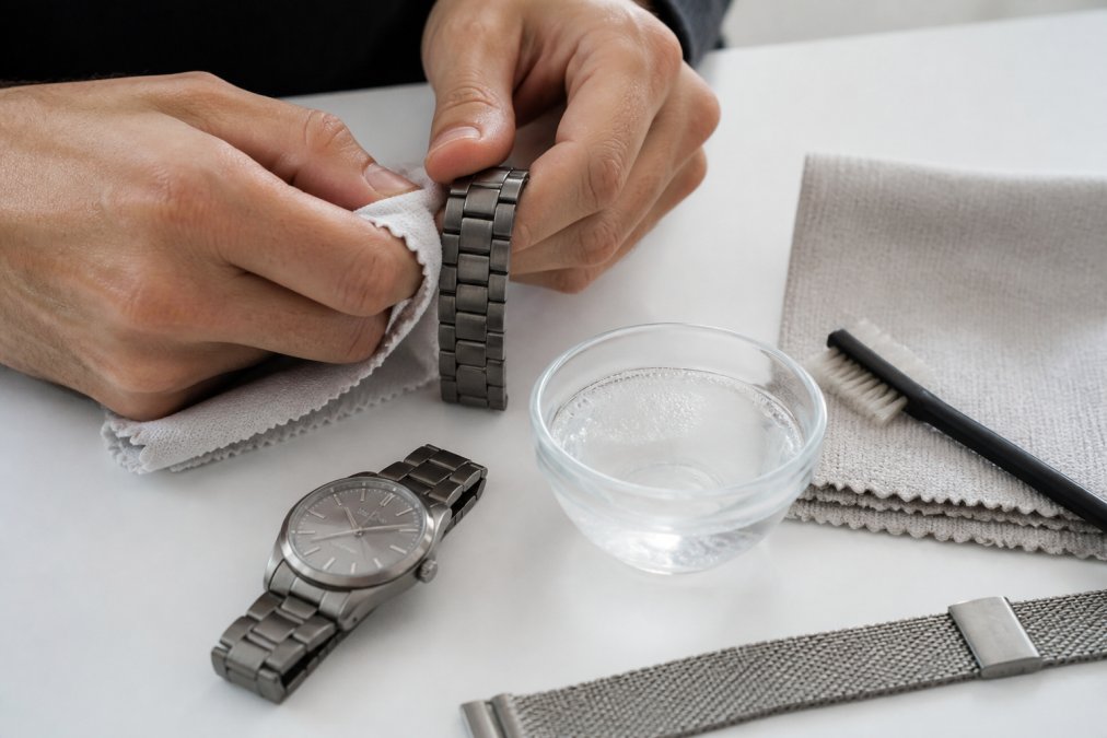 Hands gently cleaning a titanium watch bracelet with a soft cloth and small brush on a clean white surface, with a bowl of lukewarm water and mild soap nearby, under soft natural light