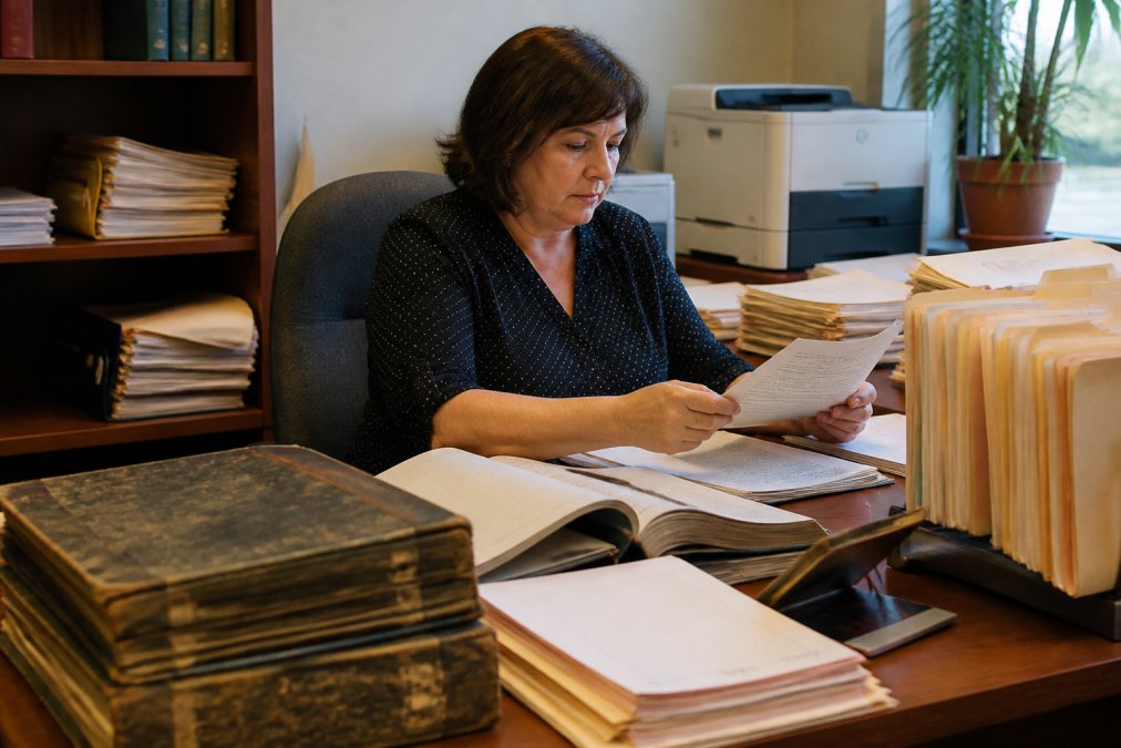 Professional real estate title researcher reviewing property documents and public records at a desk with multiple file folders, county record books, and a computer screen displaying land parcel information