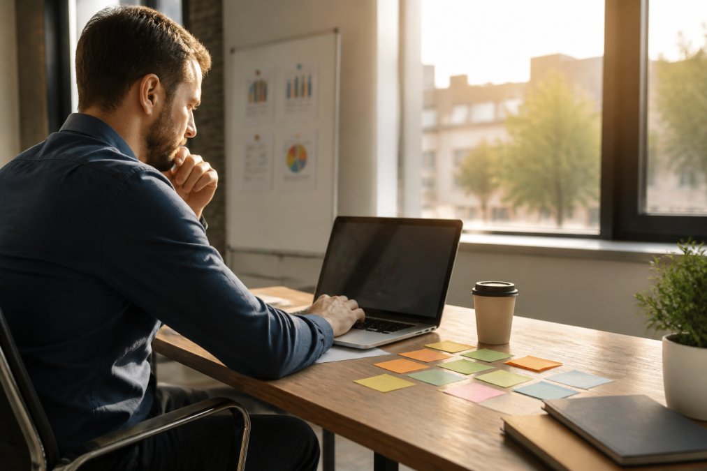Marketing manager analysing ROI dashboards on a laptop in a modern office, sticky notes and a coffee cup on the desk, afternoon light through the window