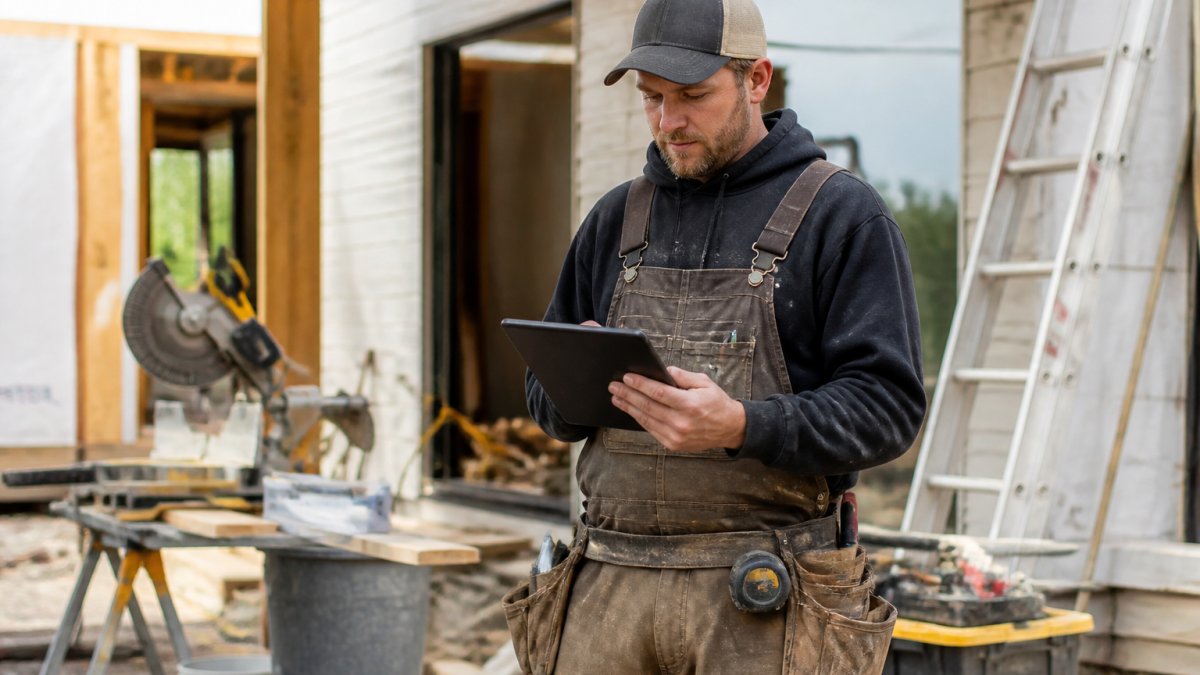 Contractor using a tablet for job costing to track project data from estimation to actual site expenses