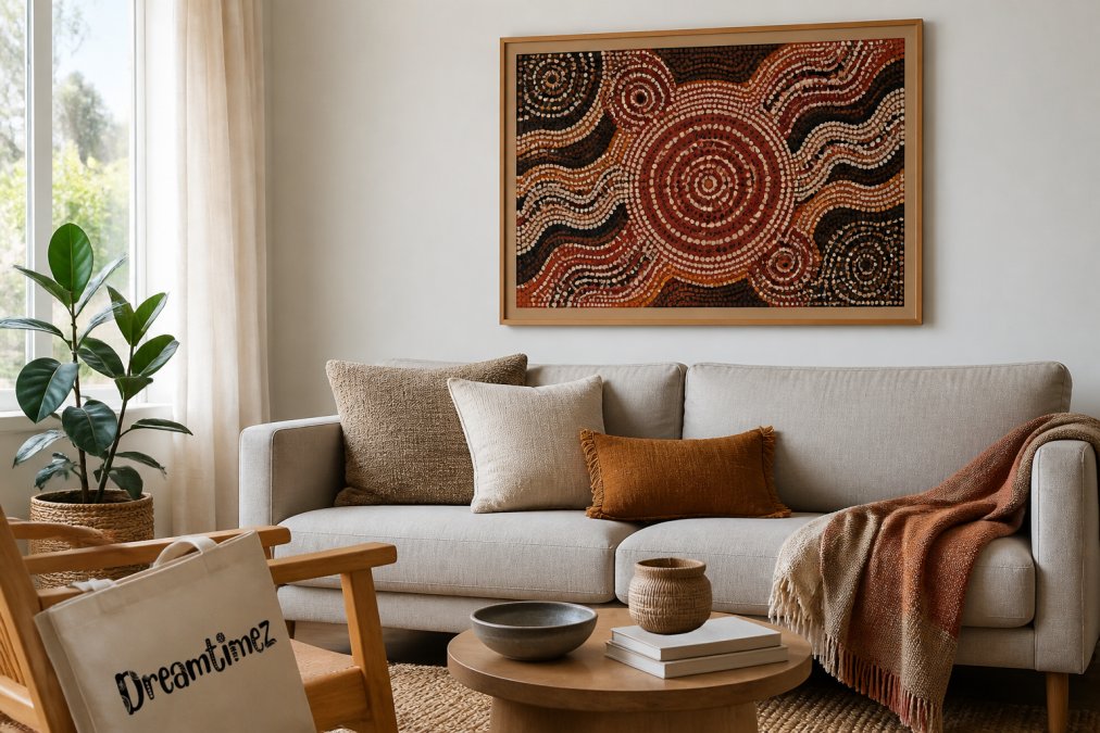 A bright living room with a framed Aboriginal dot painting on the wall above a neutral sofa, styled with cushions and a throw, showing how Indigenous art fits into a modern Australian home