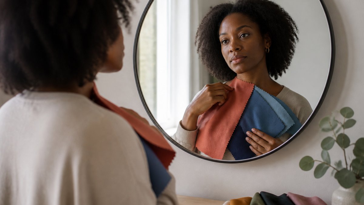 A Black woman with deep skin tone holding fabric swatches in warm and cool tones against her face in natural window light, looking thoughtfully at her reflection in a mirror