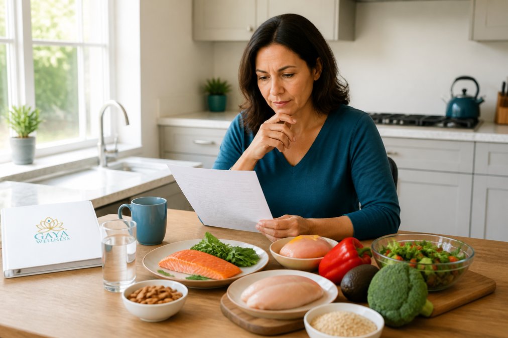Woman in her mid-40s sitting at a kitchen table with healthy foods including lean proteins, fresh vegetables, whole grains, and nuts spread before her, looking thoughtful while reviewing nutrition information, with natural morning light from a window