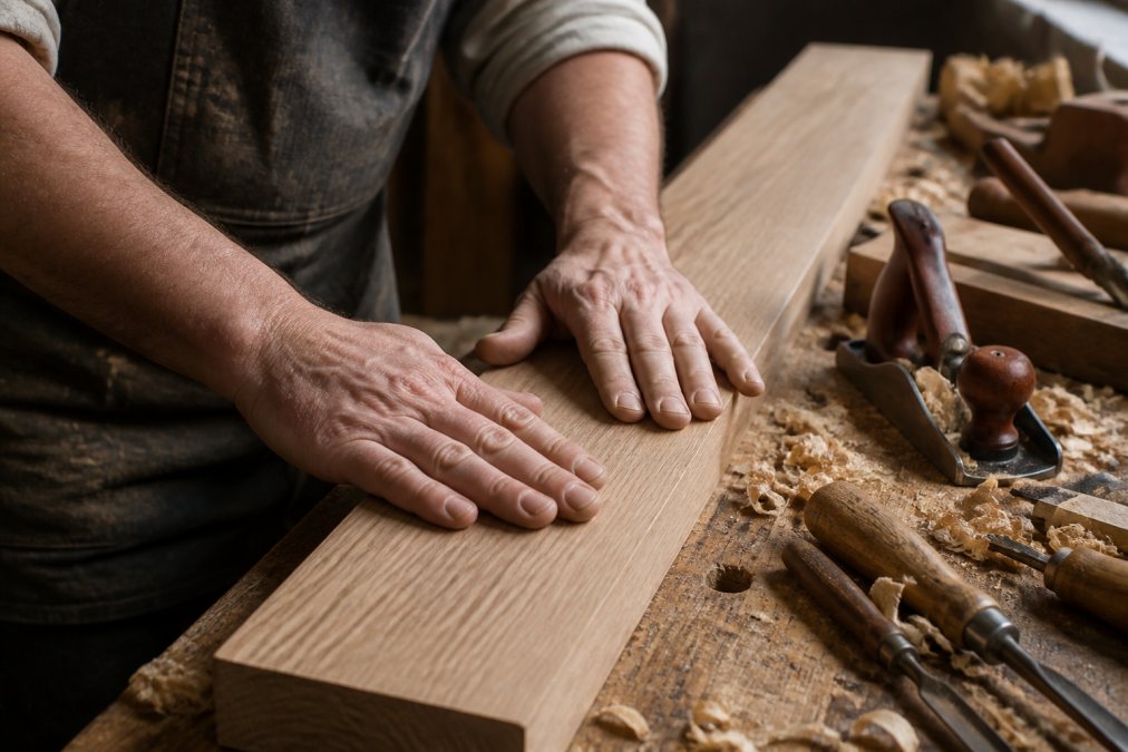A close-up photograph of a craftsman's hands running along the grain of a freshly planed piece of oak, with wood shavings and traditional hand tools visible on a workbench in a joinery workshop