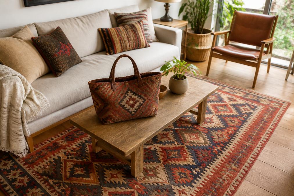 Diagram illustrating room styling steps using geometric kilim patterns and decor to accent a sunlit living space.