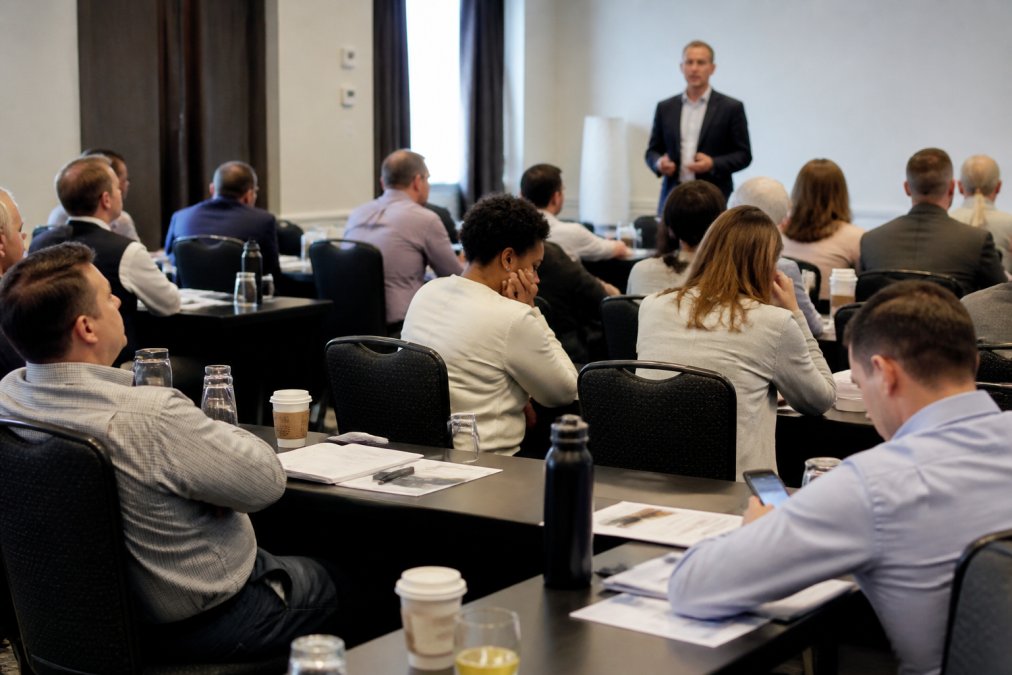 Disengaged professionals checking phones during a lecture where leadership training fails to capture attention.