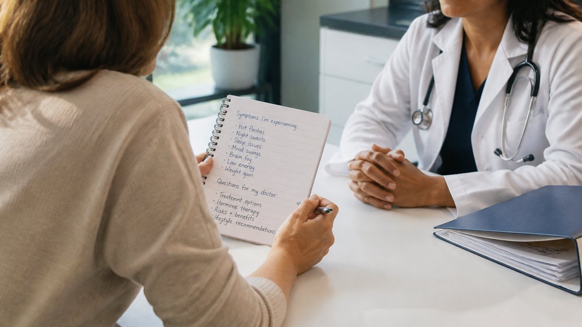 Woman sitting across from healthcare provider in clinical setting, both engaged in conversation, woman holding notebook with symptom list and health questions