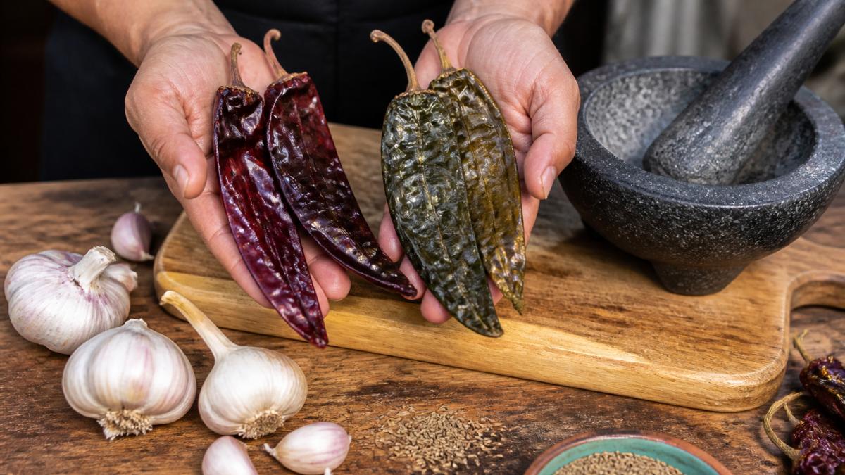 Hands holding dried red and green chile pods over a wooden cutting board with garlic and cumin seeds nearby