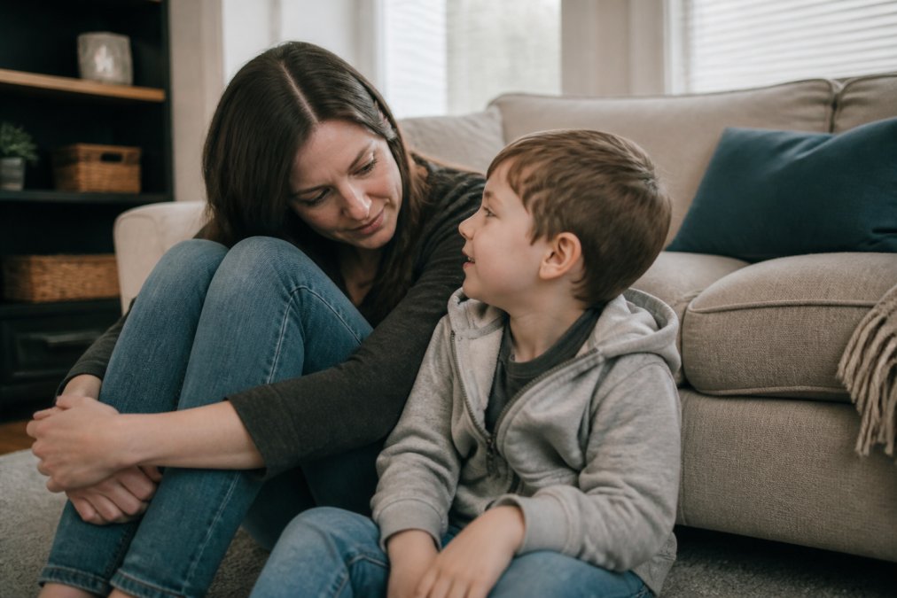 A caregiver sitting with a child with FASD in a calm home environment, both looking relaxed and connected, suggesting emotional safety and understanding
