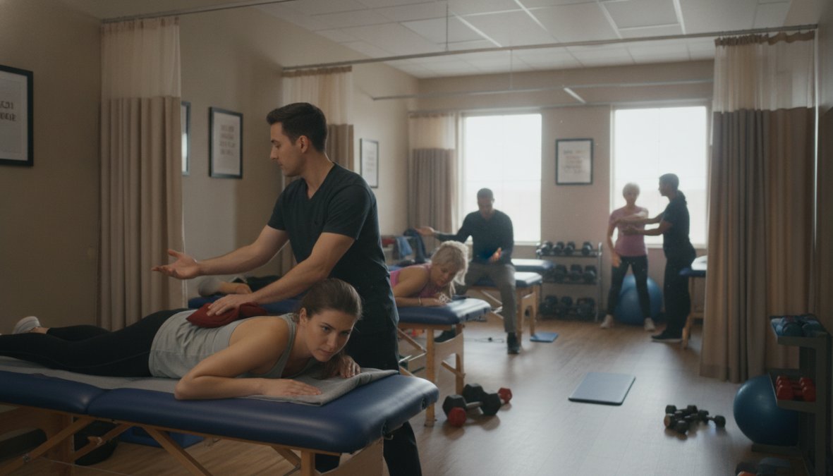 Professional illustration showing patient and receiving and limited concepts for physical therapy fails
