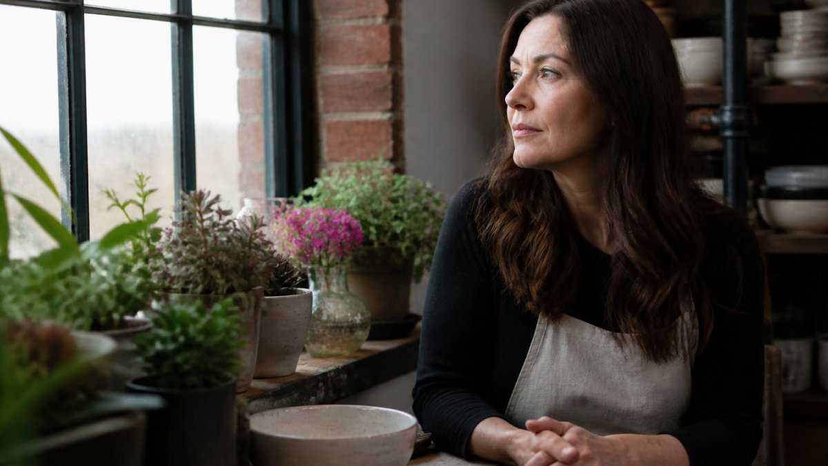 A woman sitting quietly by a window in soft natural light, hands folded thoughtfully, gazing outward with a calm but contemplative expression
