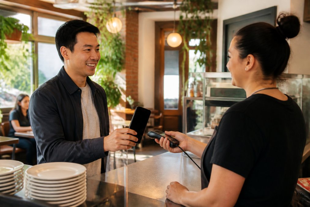A regular customer at a neighborhood restaurant showing their phone with a digital loyalty pass in their mobile wallet, smiling at the counter while the cashier scans it