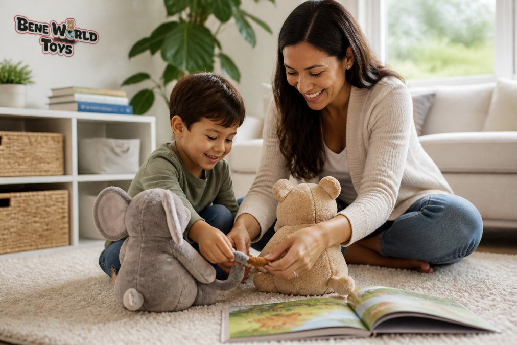 A parent and young child sitting together on a living room floor, smiling and connecting magnetic plush tails on two stuffed animals, with a storybook open nearby