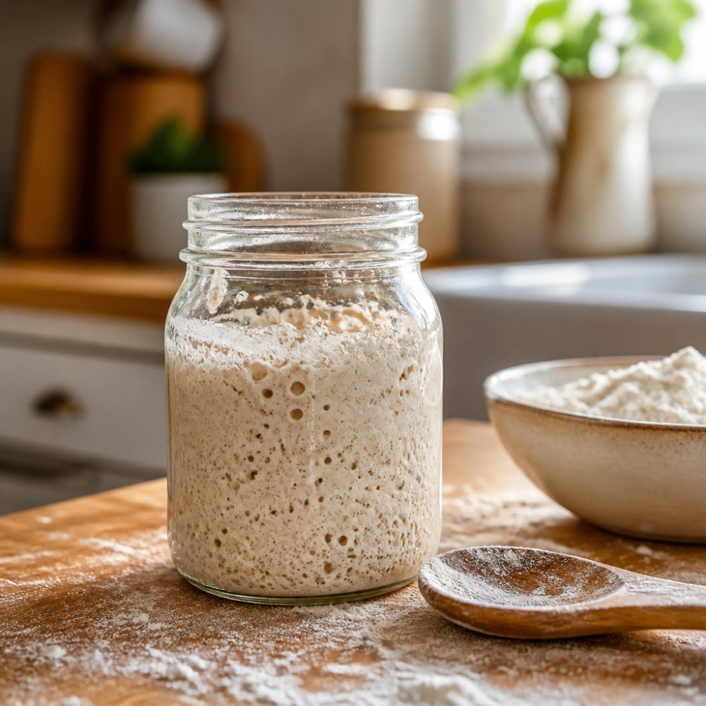 Close-up of a sourdough starter bubbling in a glass jar on a kitchen counter, with flour dusting and a wooden spoon nearby, natural morning light
