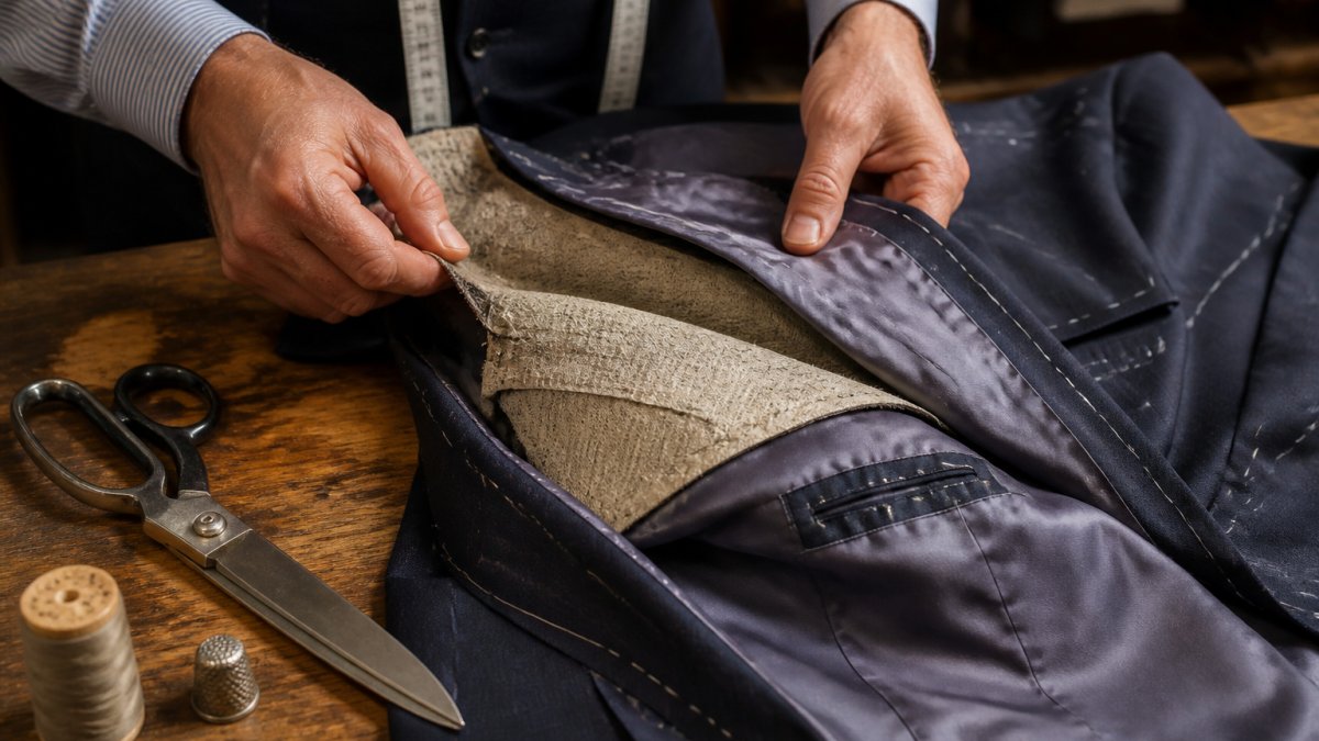Close-up of a tailor's hands opening the lining of a suit jacket to reveal the inner canvas layer and stitching, with shears and thread on a wooden worktable