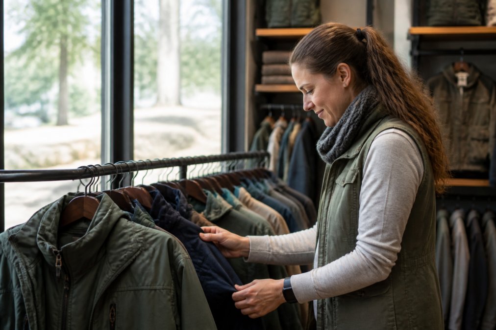 Customer examining outdoor apparel in a retail space, reading product details with a satisfied expression, natural lighting from windows
