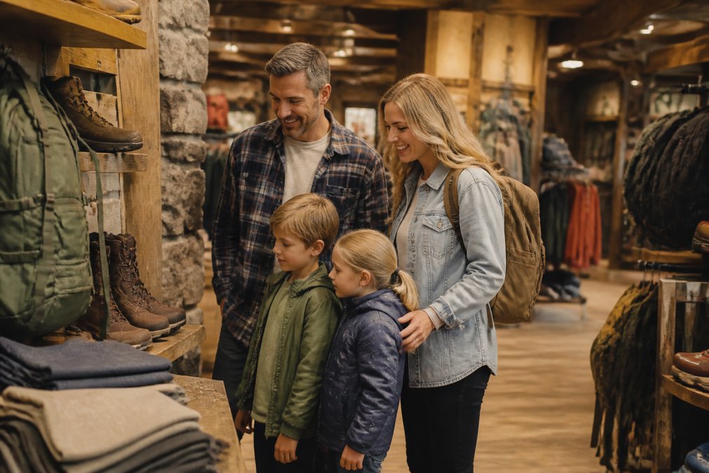 Family browsing outdoor gear together in a warm, welcoming retail environment with rustic decor and natural materials