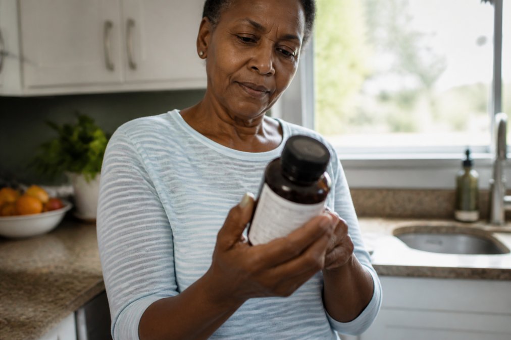 Close-up of a person's hands holding a supplement bottle, reading the ingredient label carefully in a bright kitchen with natural light