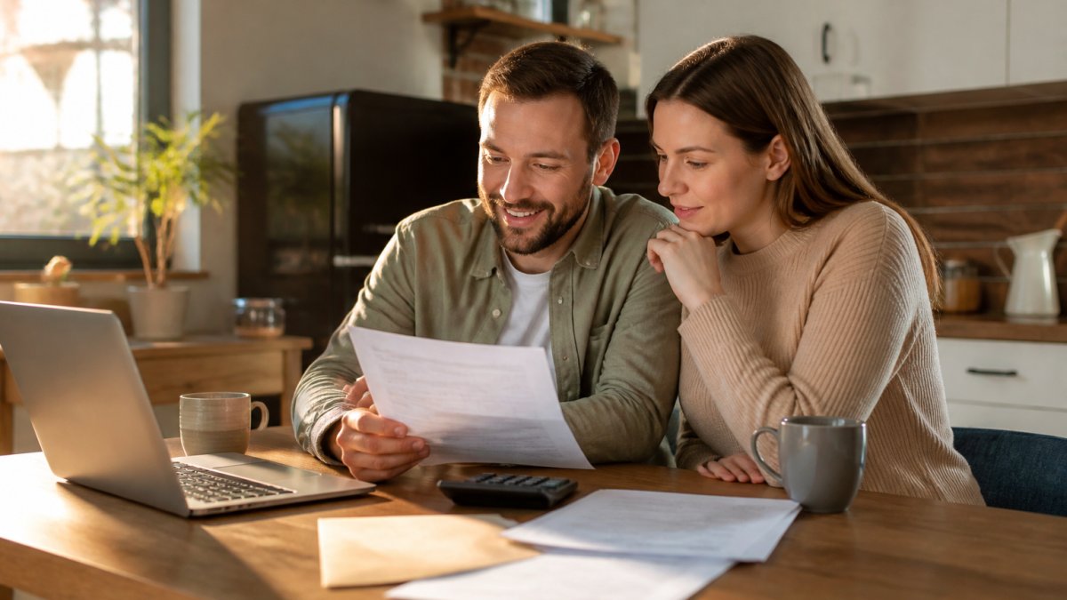 A couple reviewing a conveyancing fee breakdown document at a kitchen table, with a laptop and calculator nearby, looking relieved and informed