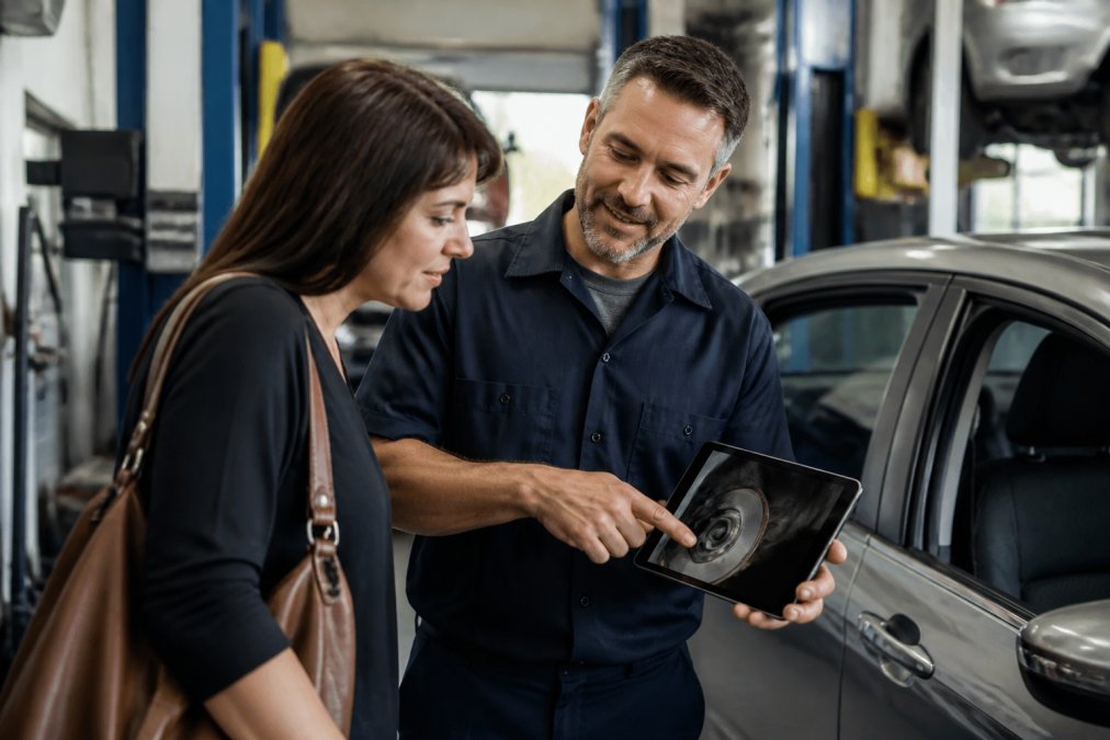 A mechanic showing a car owner a damaged part on a tablet, pointing at the screen with a friendly expression in a clean, well-lit auto repair shop