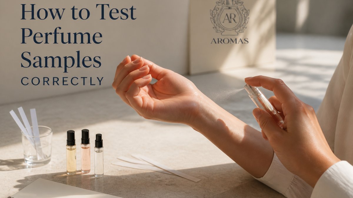 Close-up of hands applying a perfume sample to the inner wrist with natural sunlight highlighting the spray and skin, neutral background