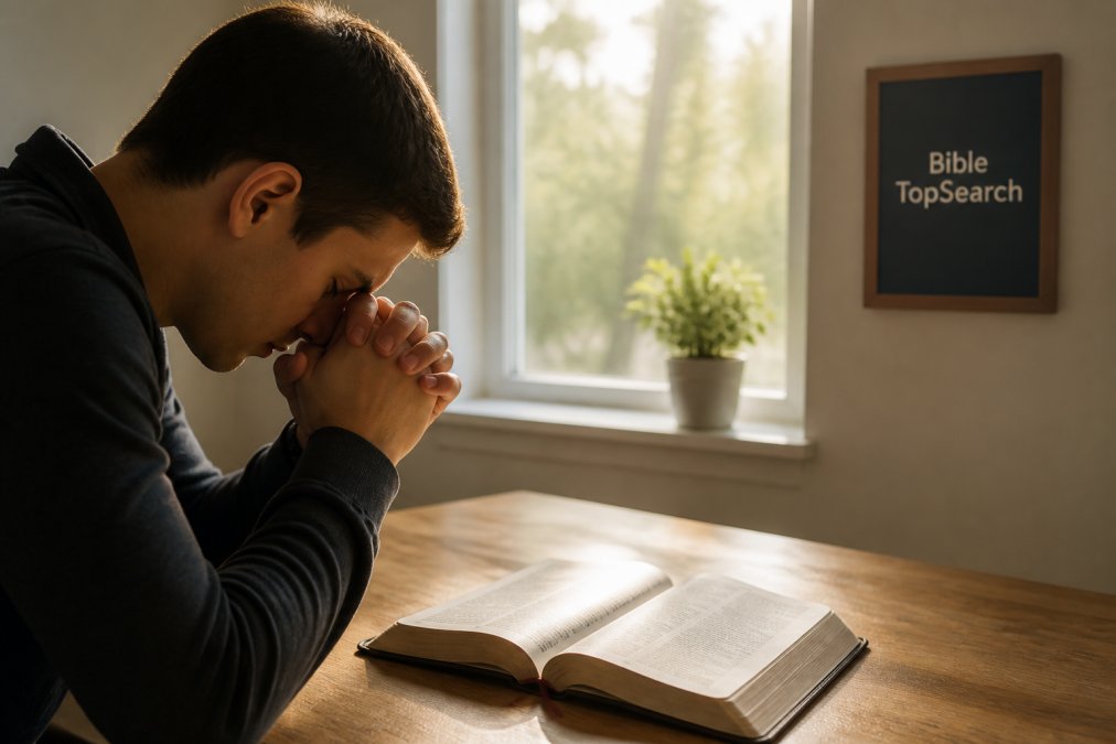 A person sitting in a quiet room with an open Bible, hands folded in prayer, soft natural light coming through a window, conveying a sense of peaceful devotion and connection with God